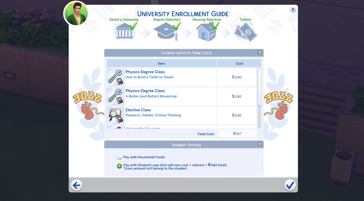Paying for school with student loans in The Sims 4 Discover University Cheats