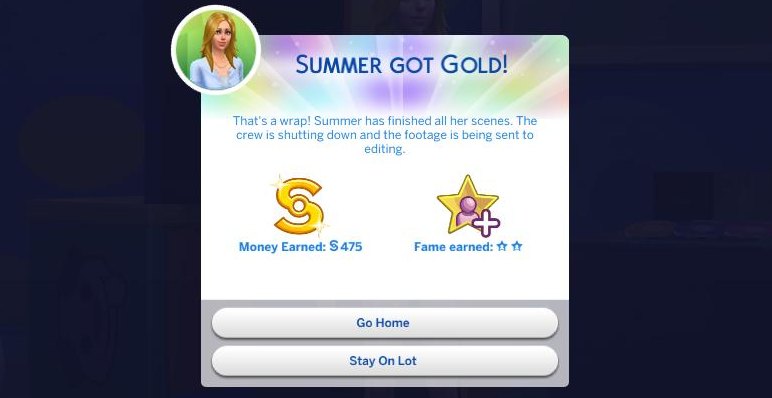 The Sims 4 Reward for an Acting gig - money and fame