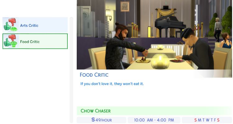 Sims 4 City Living Arts or Food Critic