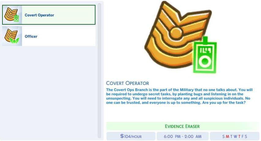 The Sims 4's Military Covert Operator and Officer Career Branches
