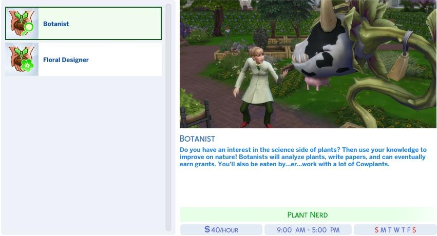 The Botanist branch of the Gardening Career in The Sims 4 Seasons Expansion Pack
