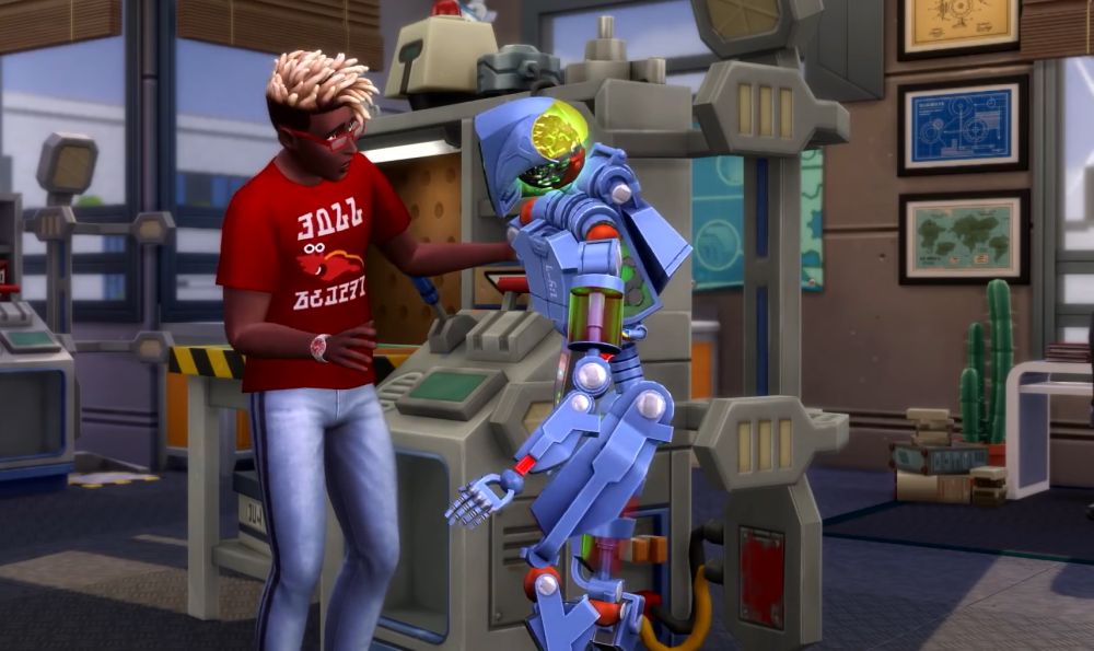 The Sims 4 Discover University Expansion Pack a Sim working on a robot