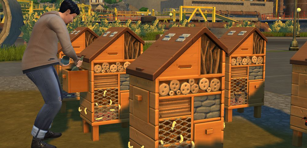 The Sims 4 Eco Lifestyle tending to my insect farm to get Bio Fuel