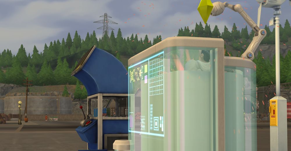 Sim using the fabricator in The Sims 4 Eco Lifestyle