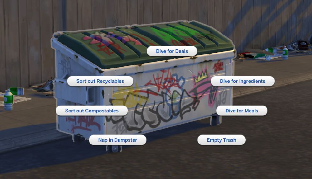 Dumpsters in The Sims 4 Eco Lifestyle. Dumpster dive to find helpful items.