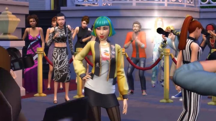 The Sims 4 Get Famous: A celebrity surrounded by Paparazzi