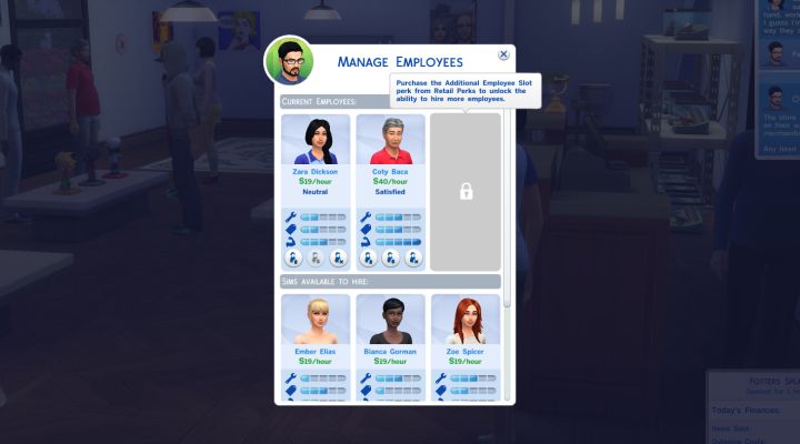 The Sims 4 Get to Work: The Manage Employees Screen