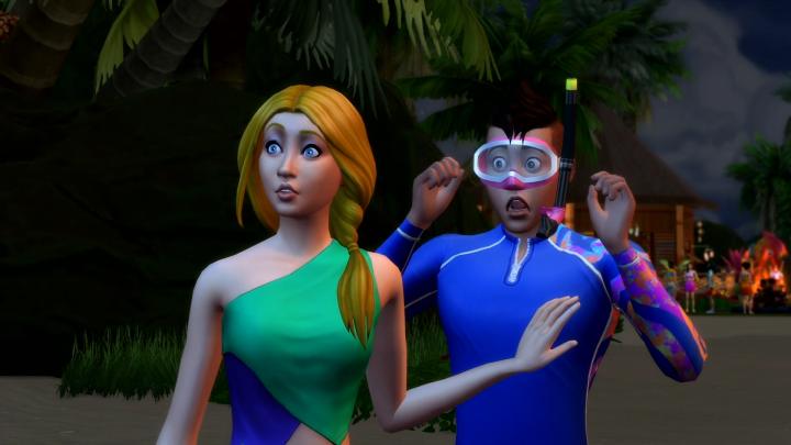 The Sims 4 Island Living Diving in the water, a mermaid slips away from two sims looking on