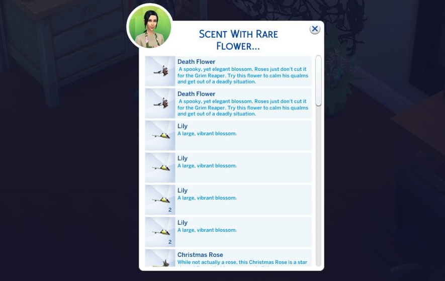 The Sims 4 Seasons - add scents to flower arrangements to give powerful moodlets