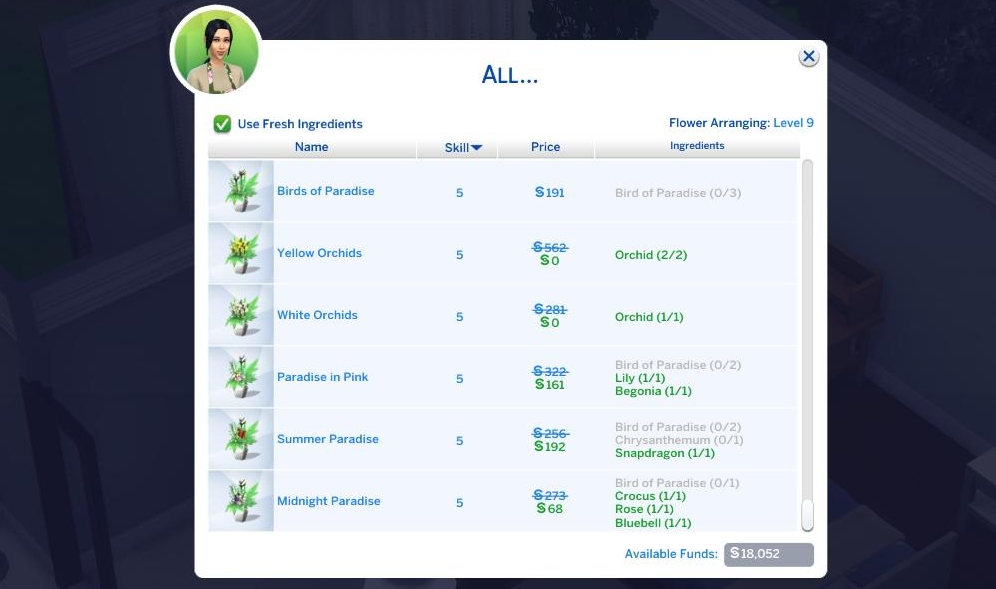 The Sims 4 Seasons flower arrangement can be done with or without fresh ingredients