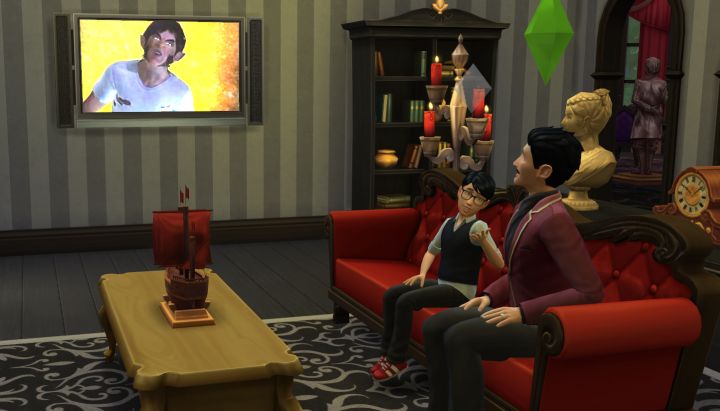 Sims watching TV together in The Sims 4
