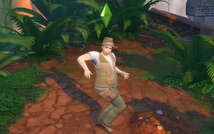 The Sims 4 Jungle Adventure: Insects attacking a Sim. Having bug repellent helps a lot.