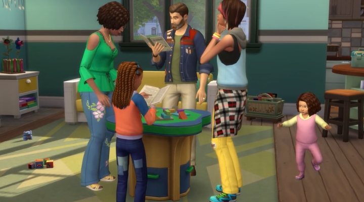 The Sims 4 Parenthood Game Pack: A family works on an art project together
