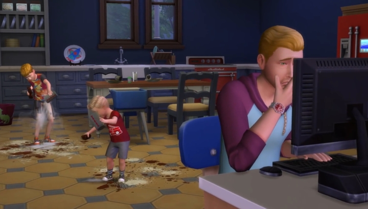 The Sims 4 Parenthood - a father looks up information for raising his kids, which are wrecking the house 