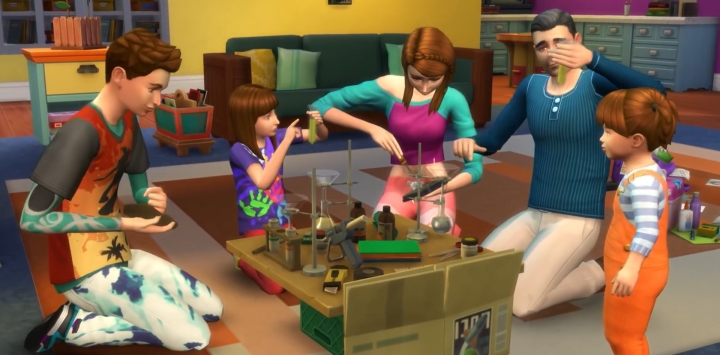 The Sims 4 Parenthood Game Pack: A family works on a science project together