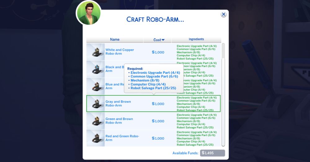 The Robo-Arm cybernetic enhancement you can make for Robotics in The Sims 4