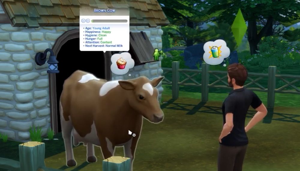 The Sims 4 Cottage Living Expansion Pack - a Cow that is happy and will produce normal milk