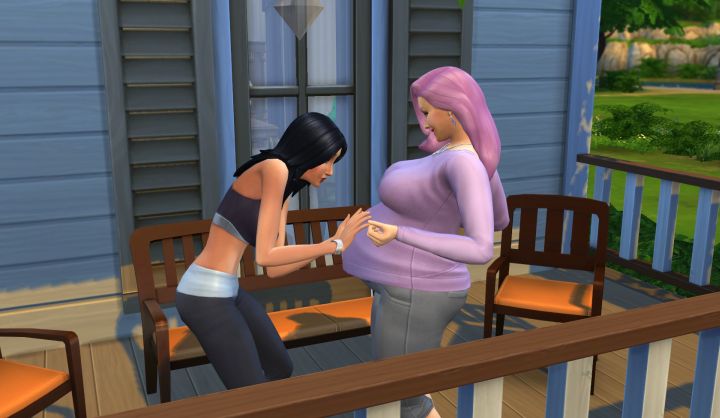 A Sim feeling a Pregnant Sim's Baby Kicking