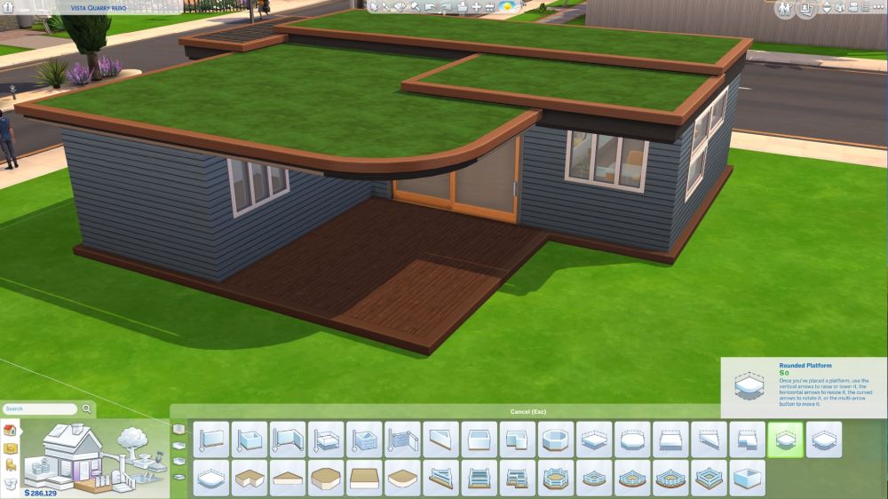 Sims 4 using Platforms to make a modern styled roof.