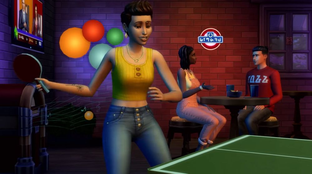 The Sims 4 Discover University Expansion Pack - a Sim plays ping pong. She happens to have both a nose and eyebrow piercing