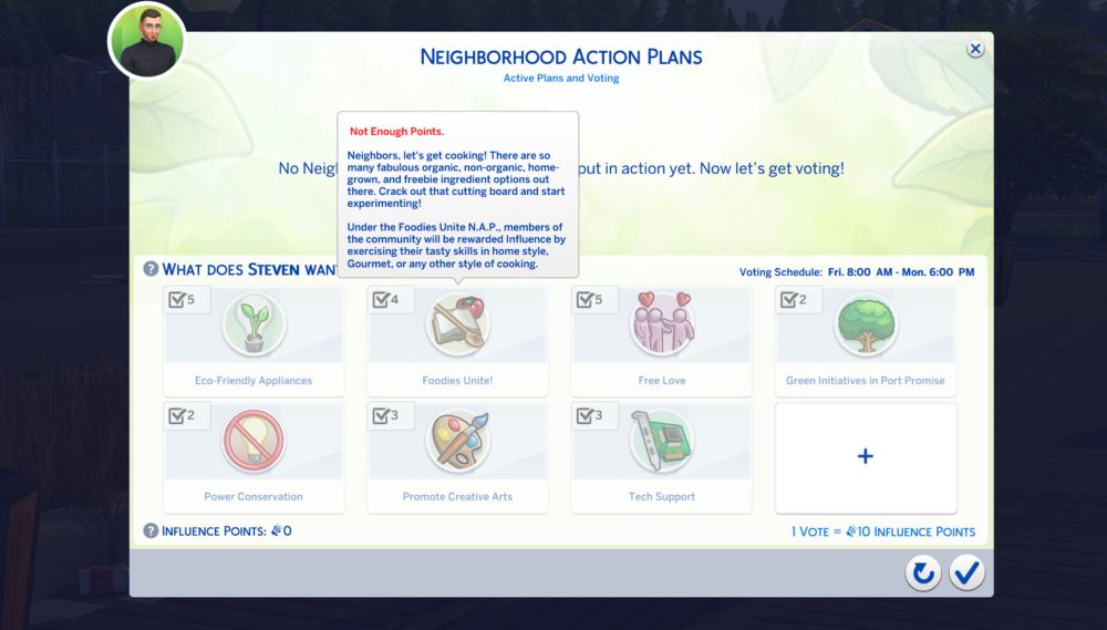 Voting for Neighborhood Action Plans in The Sims 4 is a matter of spending Influence