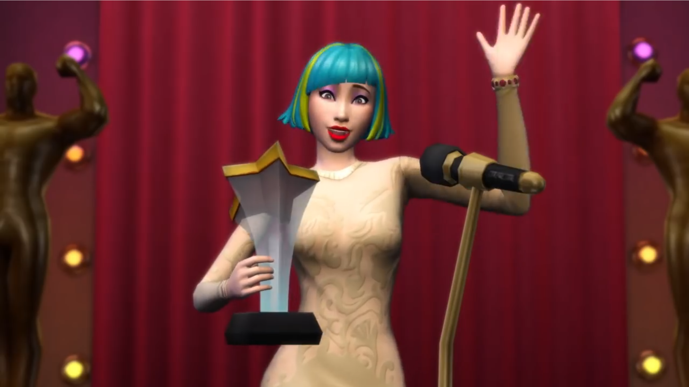 An Actor in The Sims 4 Get Famous Expansion accepts an award.