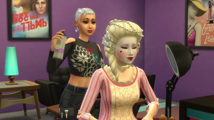 The Sims 4 Get Famous: A Sim getting makeup before filming