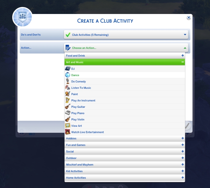 Club Activities list in The Sims 4 Get Together Expansion Pack