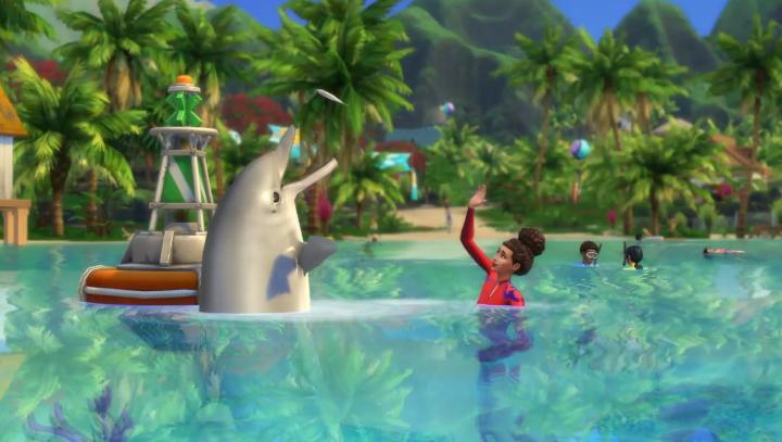 The Sims 4 Island Living a dolphin and a sim swimming in the open water