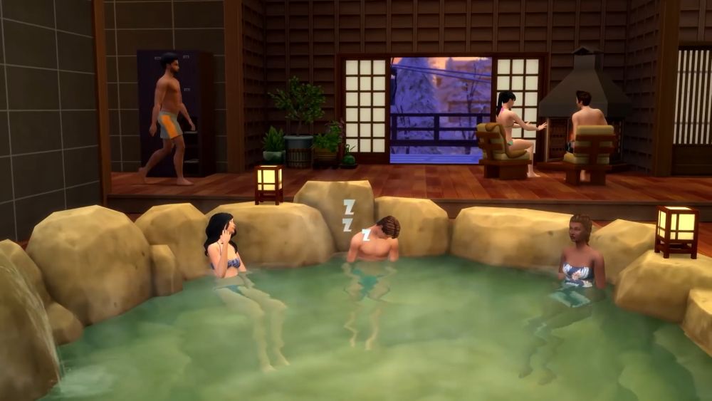 The Sims 4 Snowy Escape Expansion Pack - relaxing in the onsen (hot springs)