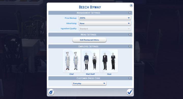 Select the markup for your restaurant in The Sims 4 Dine Out Pack