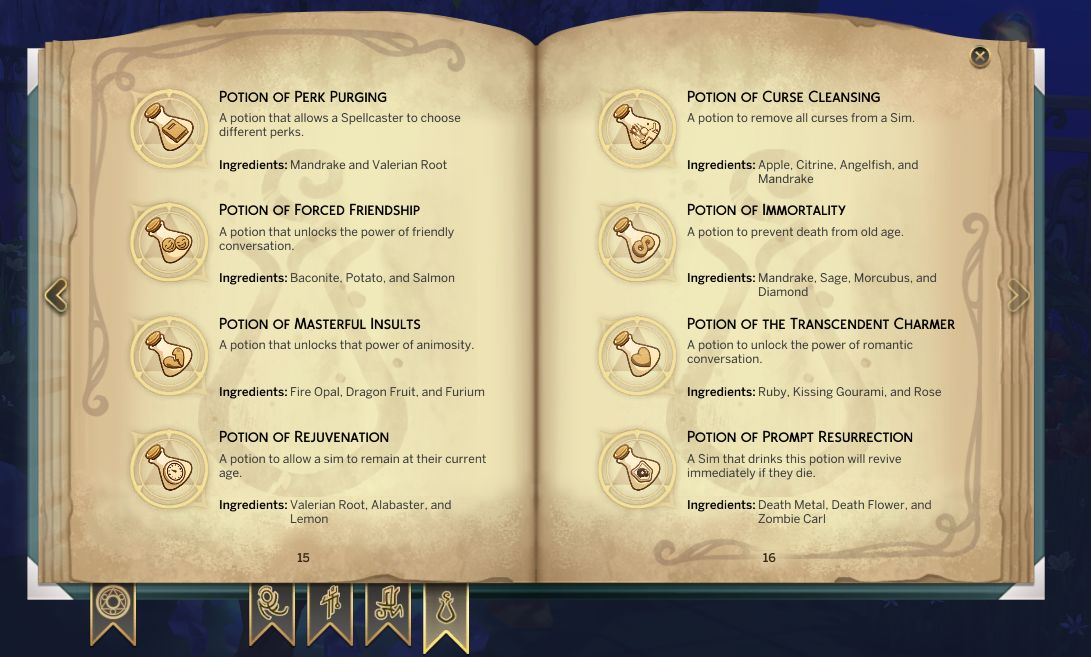Potions List and Ingredients in The Sims 4 Realm of Magic