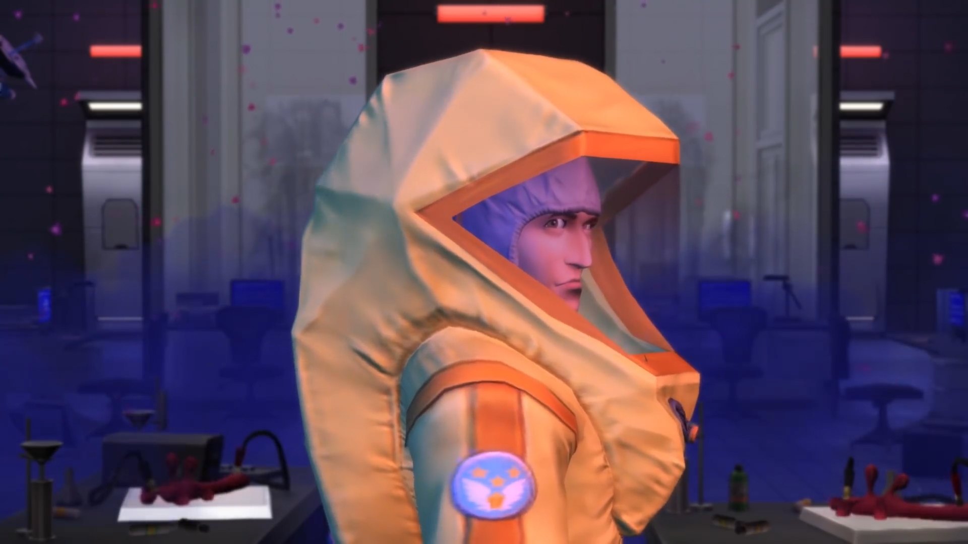 The Sims 4 Strangerville - Sims can dress up in a hazmat suit.