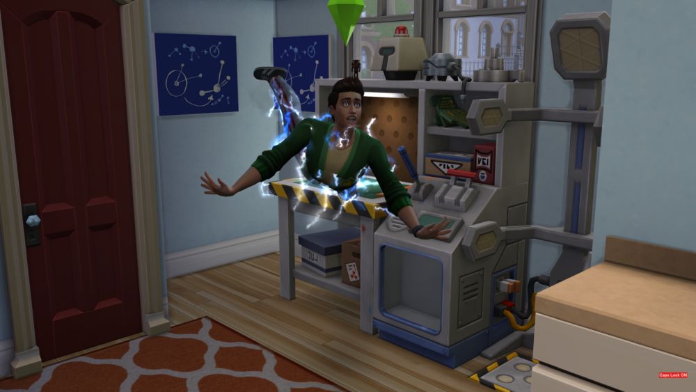 A Sim being shocked to death by working with electronics in the Robotics Skill from Discover University
