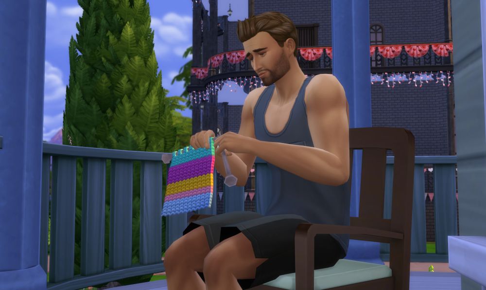 A Sim knitting