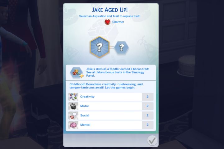 Earn reward trait and bonus skill experience for raising your toddler well