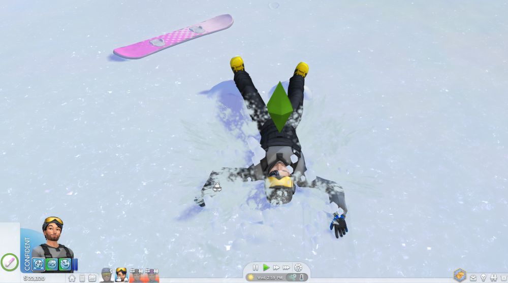 A wipeout snowboarding in The Sims 4 Snowy Escape